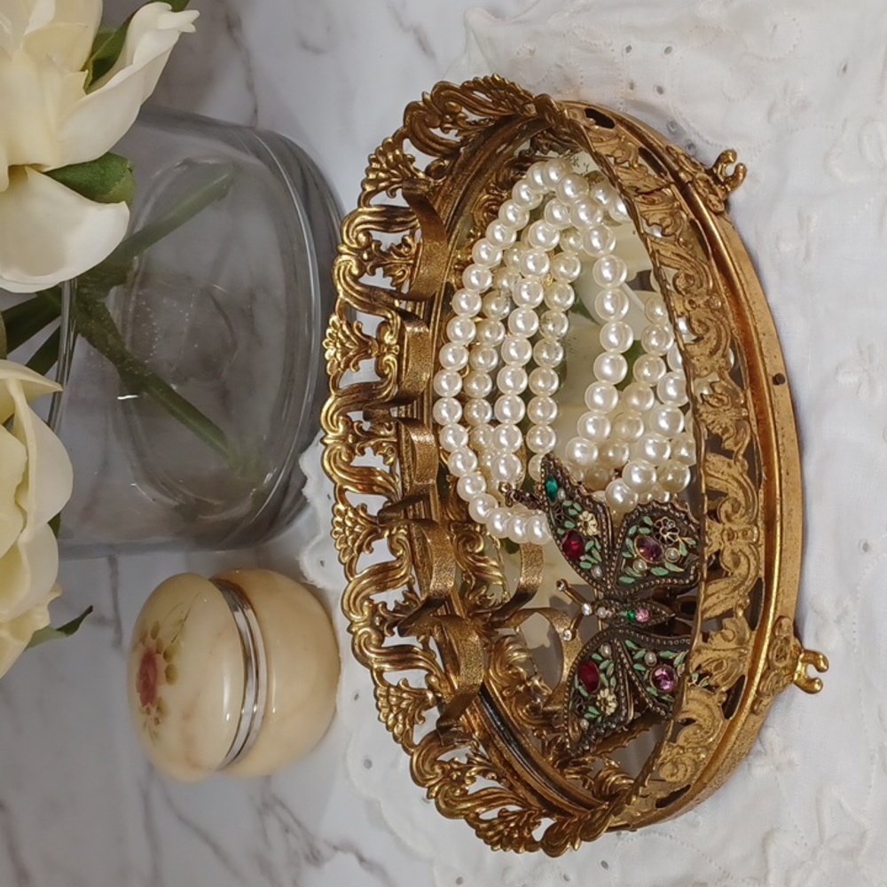 Vintage Metal Lipstick Holder Footed Glass Vanity Tabletop Mirror Makeup Vanity